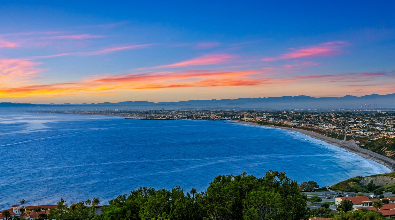 Panoramic view of the South Bay coastline at sunset