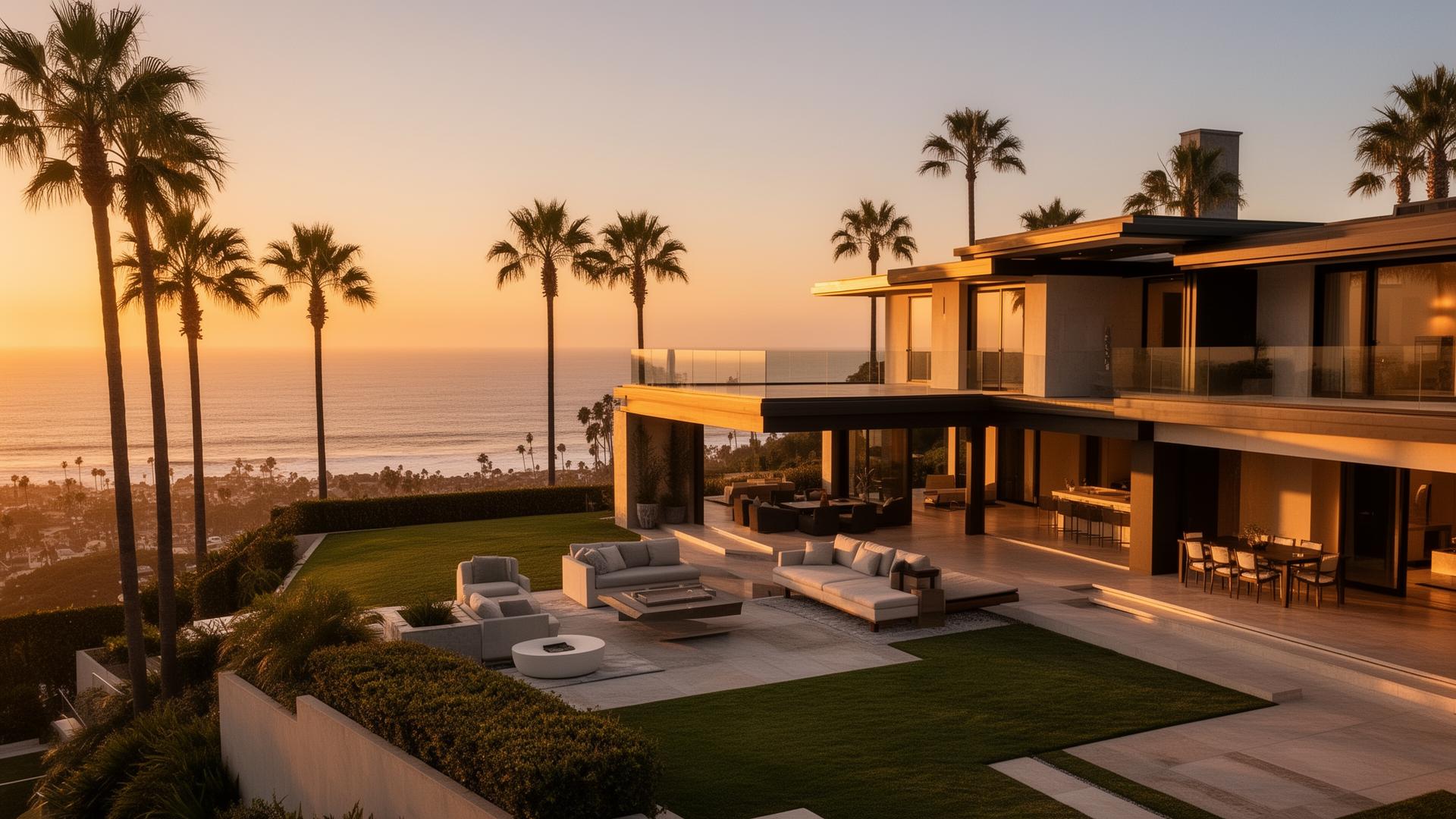 Modern coastal South Bay California luxury home at sunset
